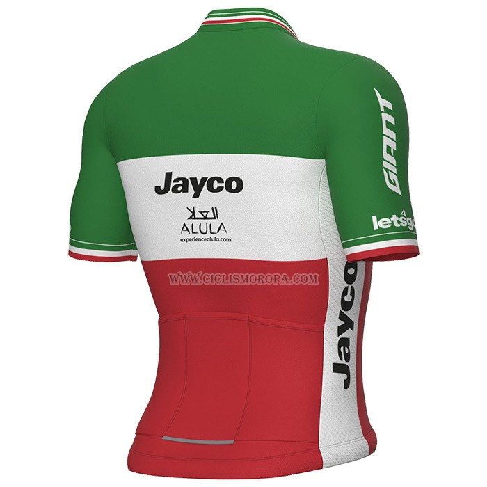 2023 Ropa Ciclismo Jayco Alula Italia Campeon Verde Blanco Rojo Mangas Cortas y Culotte Corto